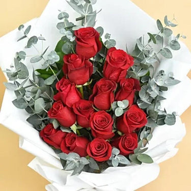 Bouquet of 15 red roses with eucalyptus